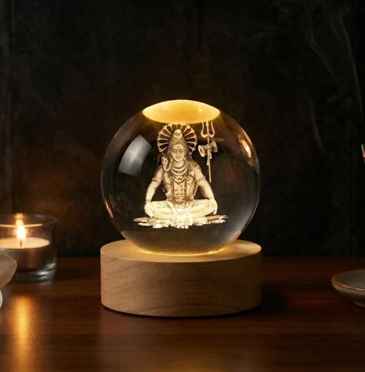 Lord Shiva 3D Crystal Ball Night Lamp with Wooden LED Base for Home Decor