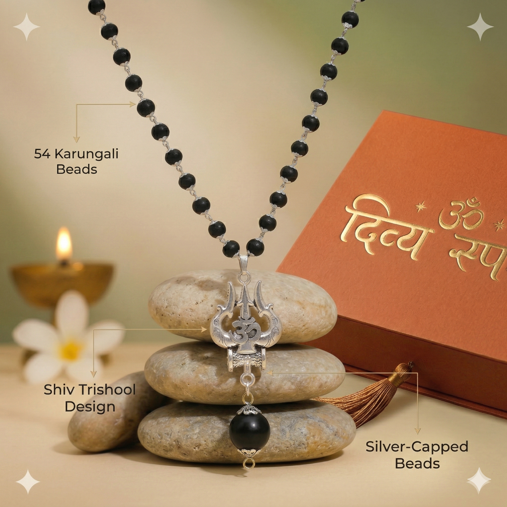 OM Shiva Trishool Karungali Mala – Divine Protection Beads