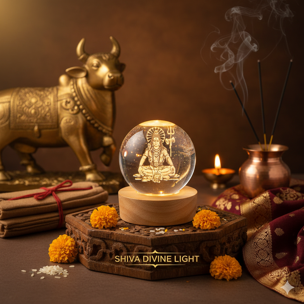 Lord Shiva 3D Crystal Ball Night Lamp with Wooden LED Base for Home Decor